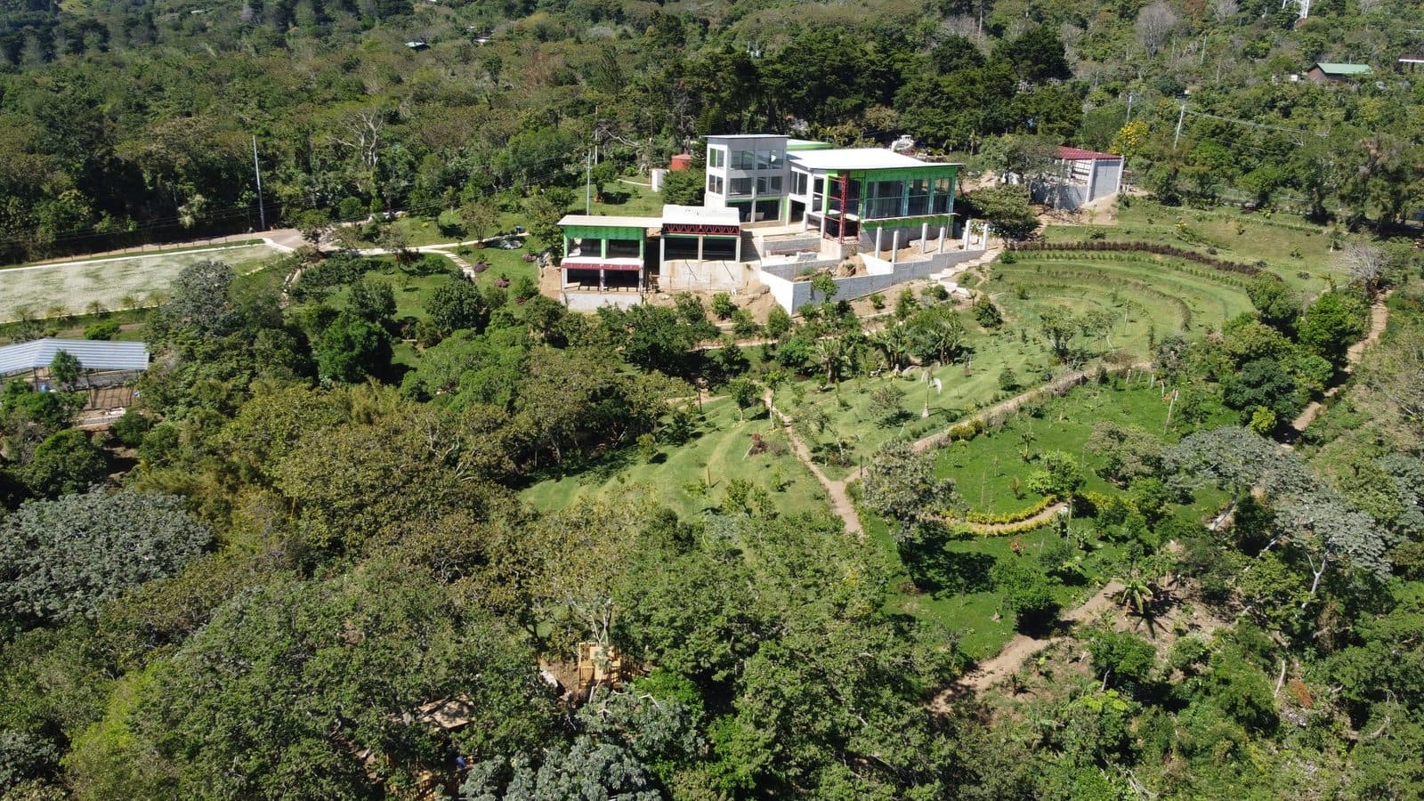 Aerial drone view of Casa Conejo 35-acre regenerative campus in El Salvador